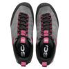 1_43c614ff-305c-487c-b528-744a22aa94cf Top-down view of a pair of gray and black sneakers with pink laces and pull tabs.