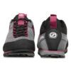 1_43c614ff-305c-487c-b528-744a22aa94cf Pair of gray and black hiking sneakers with pink accents, shown from the front and back, highlighting laces and pull tabs.