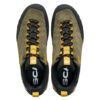 Top-down view of olive-green hiking boots with black and yellow laces and pull tabs at the heel and tongue