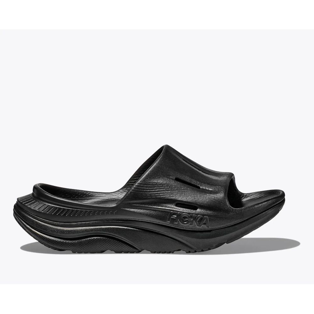 Black slip-on sandal with a thick, molded sole and two ventilation slits, shown in profile.