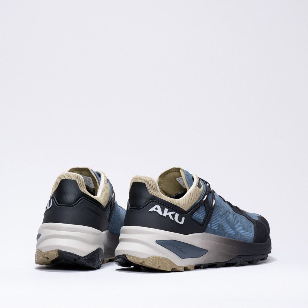 1_43c614ff-305c-487c-b528-744a22aa94cf Back view of blue and beige athletic sneakers showing the 'AKU' logo on a white midsole.