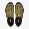 1_43c614ff-305c-487c-b528-744a22aa94cf Top-down view of two olive-green outdoor climbing shoes with yellow laces and black soles, shown from above.