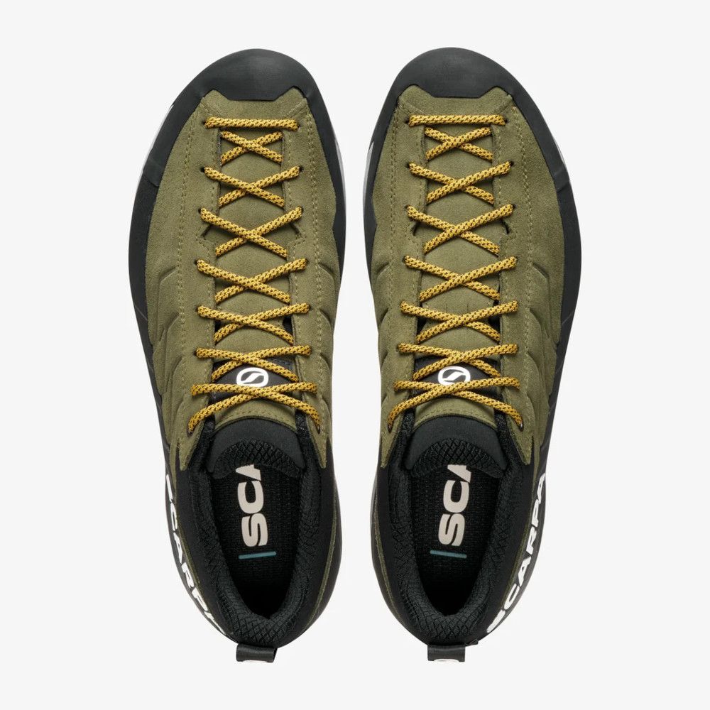 1_43c614ff-305c-487c-b528-744a22aa94cf Top-down view of two olive-green outdoor climbing shoes with yellow laces and black soles, shown from above.
