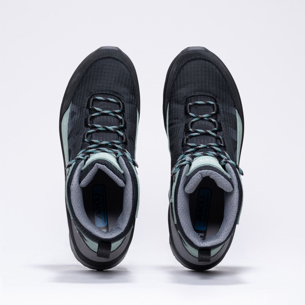 Top-down view of two navy hiking boots with teal accents, laces tied, paddded ankles, and light background.