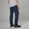 Side view of a person wearing navy hiking pants with elastic cuffs and orange-laced La Sportiva trail shoes.