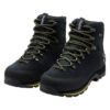 Pair of black hiking boots with yellow-accent laces and rugged tread soles