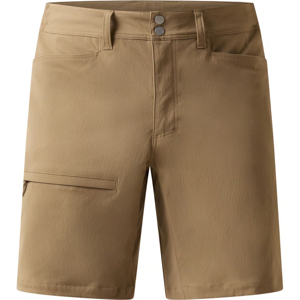 MKLPR_ECL_P_1_square_b214d799-76b2-4a64-a0ae-a2325d30818b_640x Tan chino shorts with belt loops and dual metal waistband buttons, front and left cargo pocket visible, knee-length fit.