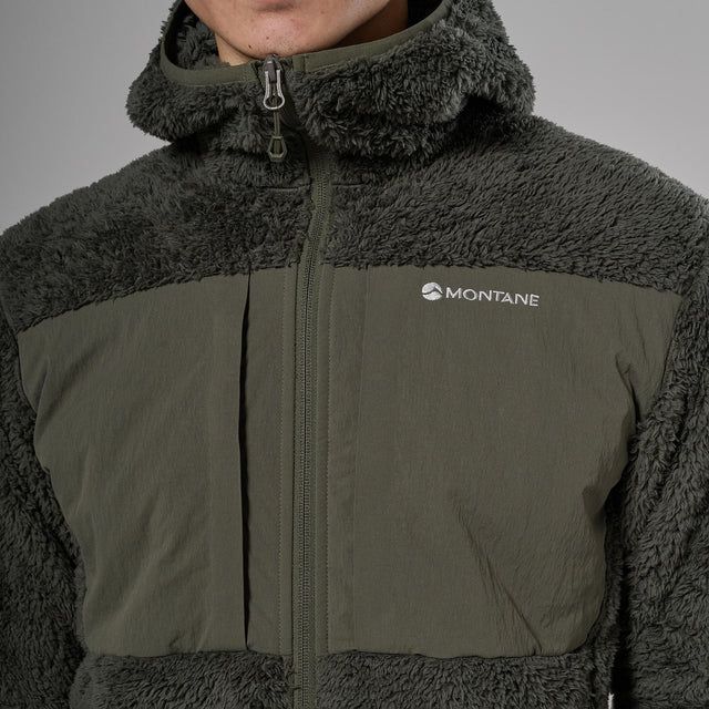 MCXTH_MOS_A_5_square_7e1f26c5-0ad6-4972-a172-0a0b9675aa1b_640x Close-up of a dark olive Montane fleece jacket with a full-length zipper, high collar, and the Montane logo on the left chest.