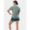MKLPR_ECL_P_1_square_b214d799-76b2-4a64-a0ae-a2325d30818b_640x Back view of a woman in a sage green short-sleeve shirt and teal athletic shorts in a running pose.