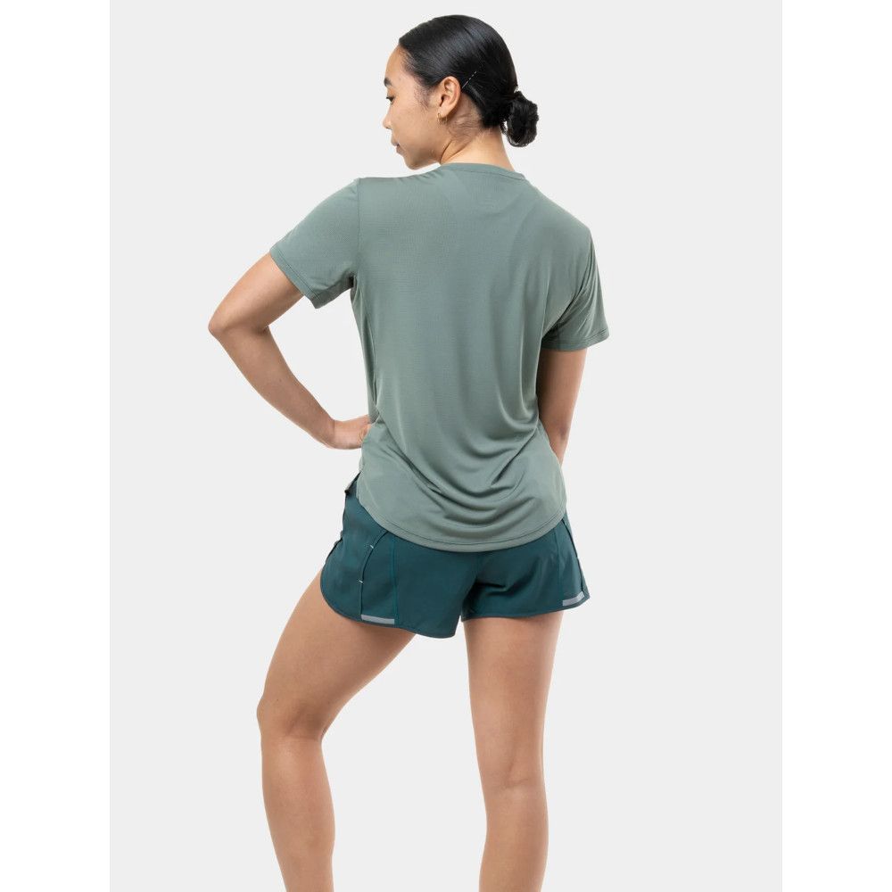 MKLPR_ECL_P_1_square_b214d799-76b2-4a64-a0ae-a2325d30818b_640x Back view of a woman in a sage green short-sleeve shirt and teal athletic shorts in a running pose.