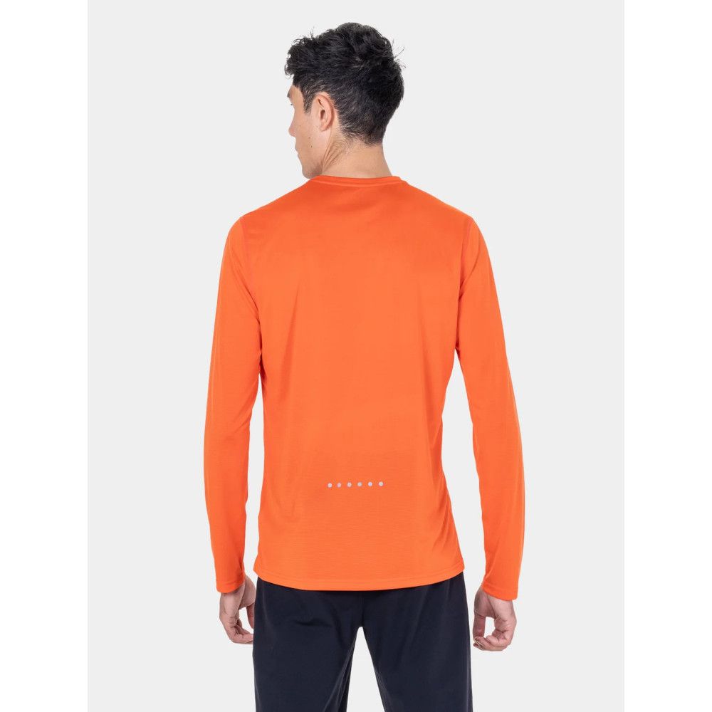 MKLPR_ECL_P_1_square_b214d799-76b2-4a64-a0ae-a2325d30818b_640x Back view of a man wearing an orange long-sleeve shirt with a row of small white dots on the lower back.