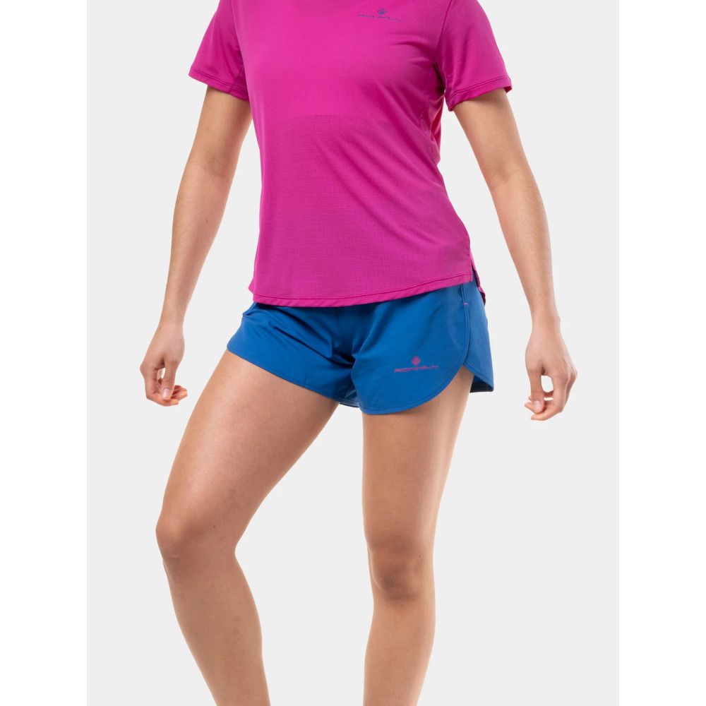 MKLPR_ECL_P_1_square_b214d799-76b2-4a64-a0ae-a2325d30818b_640x Woman wearing a bright pink athletic T-shirt and blue running shorts, posing for activewear product photo.